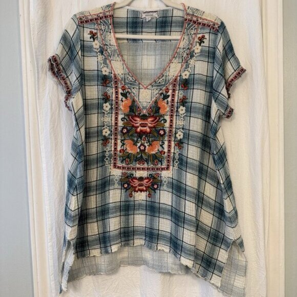 Johnny Was Workshop Juliene Estelle Floral Embroidered Plaid 90s Y2K Top Large - Picture 1 of 13